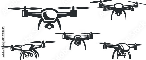 A set of various drone illustrations in black and white outline vector style, suitable for technology and design projects