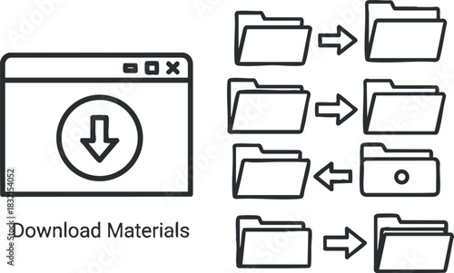 An illustration depicting a download materials interface with folders and arrows in a clean outline vector style, suitable for web design and digital content management