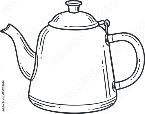 A hand-drawn illustration of a vintage kettle in black and white outline style, suitable for kitchen and cooking designs