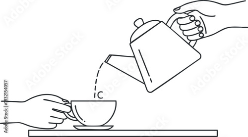 A hand pouring tea from a kettle into a cup in minimalist outline vector style, perfect for beverage branding and kitchen designs