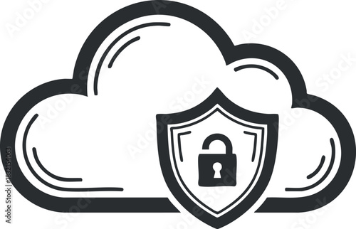 A cloud symbol with a padlock and shield in black and white vector style, ideal for technology and cybersecurity projects