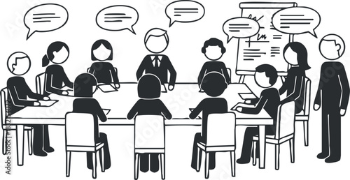 A group of people in a business meeting around a table in black and white vector style, ideal for corporate presentations