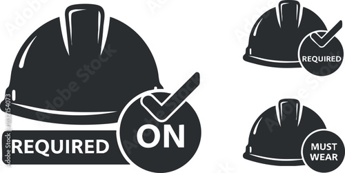 A set of hard hat safety signs with required and must wear labels in black and white vector style, ideal for workplace safety regulations