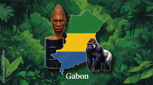 Gabon vector illustration with map flag, rainforest jungle, gorilla wildlife, oil barrel industry and traditional African mask art
