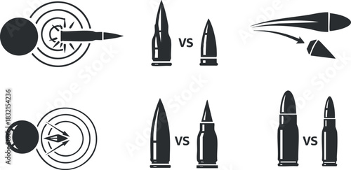 A set of bullet impact comparison icons in black and white minimalist vector style, ideal for educational and informational graphics
