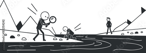 A group of stick figures investigating a river in a black and white minimalist vector style, ideal for outdoor exploration themes