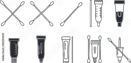 A collection of medical icons featuring cotton swabs, tubes, and syringes in a clean outline vector style, suitable for healthcare and safety designs