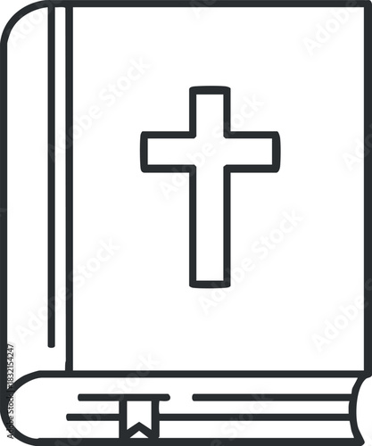 A bible with a cross symbol on the cover in clean outline vector style, suitable for religious themes and spiritual projects