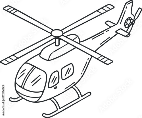 A detailed outline illustration of a helicopter in a minimalist vector style, suitable for aviation-themed projects and designs