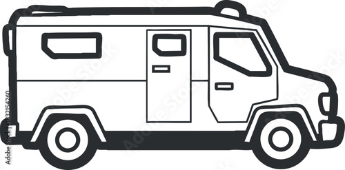A side view of a delivery van in black outline vector style, suitable for transportation and logistics projects