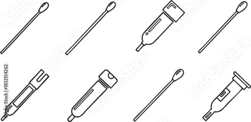 A collection of cotton swabs, applicators, and medical tools in a minimalist black outline vector style, suitable for healthcare design