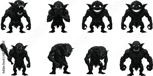 Cartoon Goblin Silhouettes with Muscular Builds and Sharp Teeth, Black Figures in Expressive Poses, Fantasy Creature Design, Game Character Concept