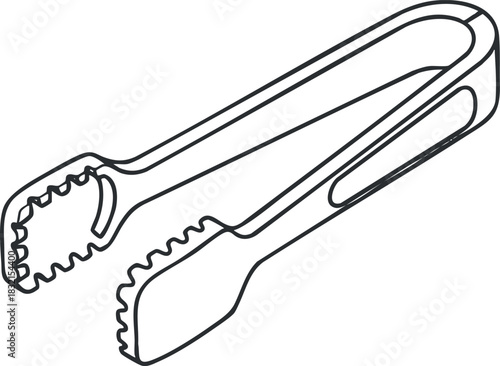 A pair of kitchen tongs in a simple black and white outline vector style, perfect for cooking and serving food