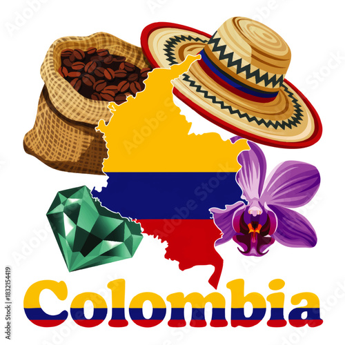 Colorful Colombia travel icons with flag map, coffee beans, sombrero vueltiao hat, emerald gem and orchid flower illustration