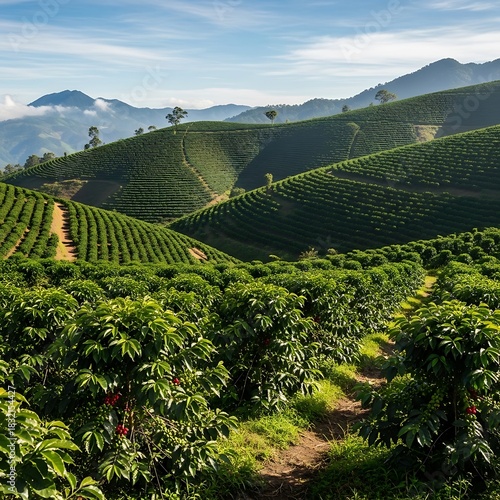 Lush Green Coffee Plantation on Rolling Hills with Distant Mountains.