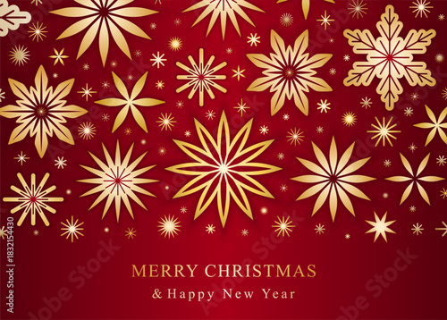 Christmas and New Year geometry falling gold snowflakes and stars banner design. Winter xmas ornate composition on the red background. EPS 10 vector backdrop.