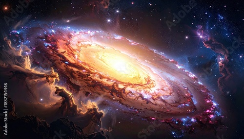 Vibrant Spiral Galaxy Illuminated With Golden Core And Swirling Nebulae In Deep Space