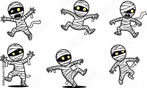 Cartoon Mummy Silhouettes with Glowing Eyes and White Bandages, Black Figures in Dynamic Poses, Halloween Theme, Playful Motion, Stylized Design