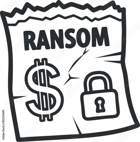 A ransom note illustration featuring a dollar sign and a padlock in black and white cartoon vector style, suitable for financial crime awareness projects