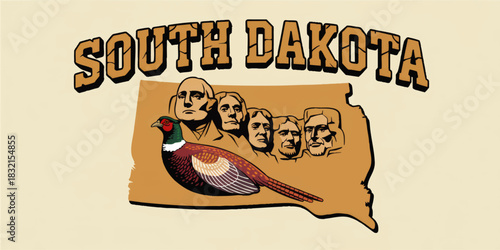 South Dakota vintage illustration with Mount Rushmore monument and colorful pheasant bird on tan map, retro travel poster design