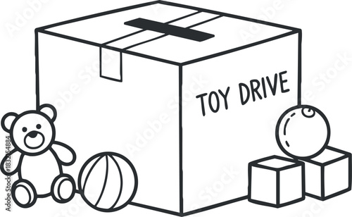 A donation box for a toy drive with a teddy bear, ball, and building blocks in a simple outline vector style, ideal for holiday charity promotions