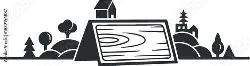 A minimalist black and white vector illustration of a serene landscape featuring trees, a house, and rolling hills, suitable for outdoor and nature-themed designs