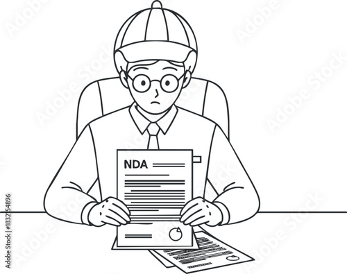 A businessman reading an NDA document in black and white outline vector style, suitable for legal and corporate presentations