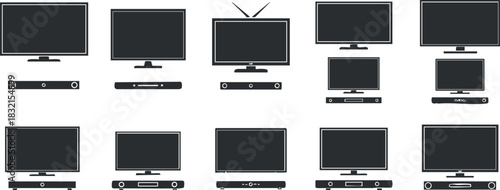 A collection of various television and monitor designs in a minimalist black vector style, suitable for technology and electronics projects
