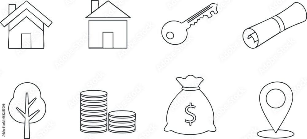 Obraz premium A collection of outline vector icons including a house, tree, money bag, key, and location pin in a minimalist style, ideal for real estate and finance projects