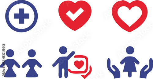 Simple Blue and Red Medical and Healthcare Icons with People and Hearts Keywords: medical, healthcare, icon, symbol, health, heart, doctor