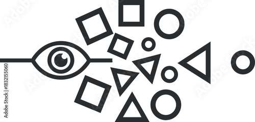 An eye surrounded by various geometric shapes including triangles, circles, and squares in a minimalist black and white vector style, ideal for modern design projects