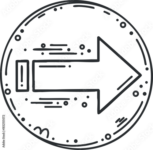 A right-pointing arrow enclosed in a circular outline in a black and white minimalist vector style, suitable for navigation and signage designs