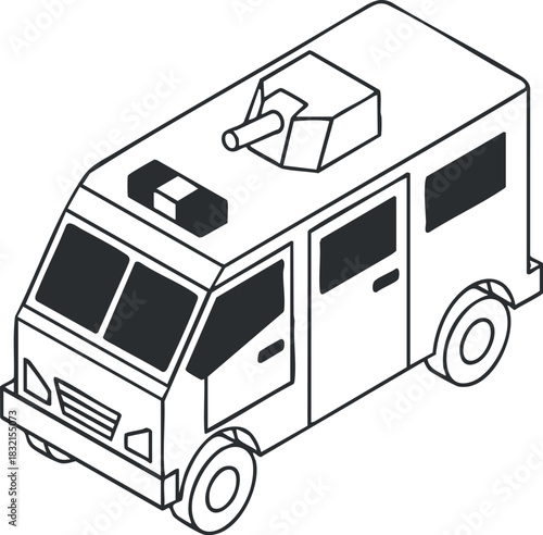 An armored vehicle with a turret in clean geometric outline vector style, suitable for military and tactical design projects