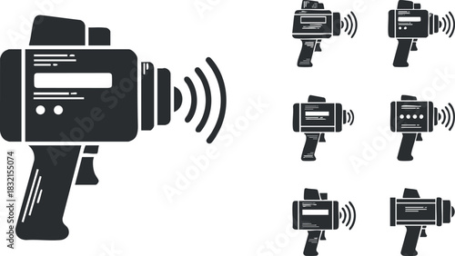 A collection of video camera icons featuring sound waves in black and white minimalist vector style, suitable for multimedia projects and creative design
