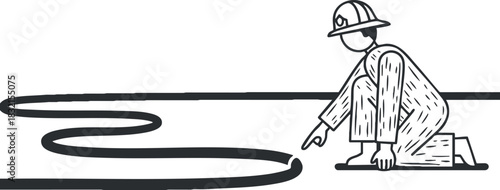 A construction worker in a safety helmet pointing at a drawn line on the ground in minimalist outline vector style, suitable for engineering and construction themes