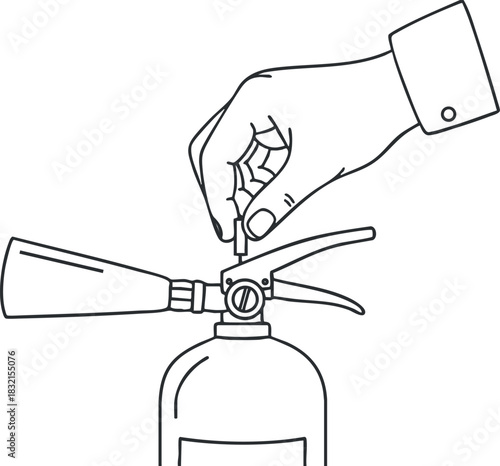 A hand operating a fire extinguisher valve in outline vector style, suitable for safety and emergency training materials