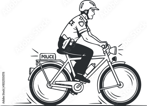 A police officer riding a bicycle in a linear black and white vector style, suitable for law enforcement illustrations