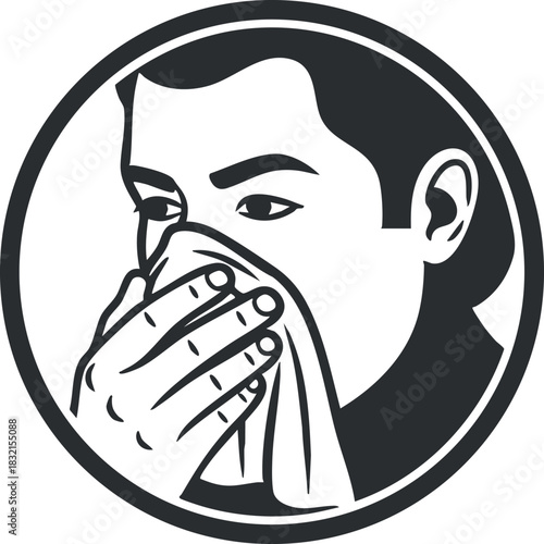 A person covering their face with a tissue in black and white outline vector style, suitable for health and hygiene awareness campaigns