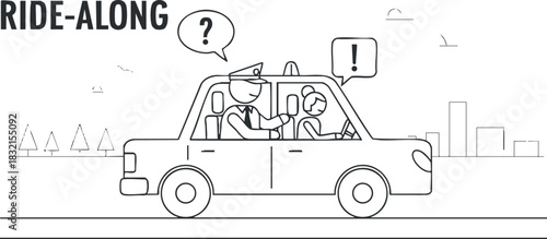 A police officer driving a car with a passenger in simplified outline vector style, suitable for humorous illustrations and graphic design
