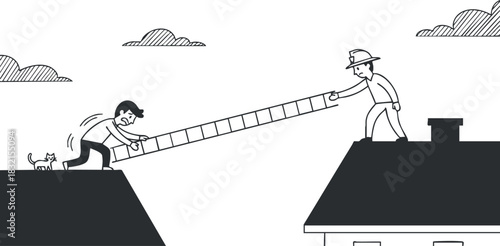 A cartoon illustration of a man helping another man on a roof with a ladder in black and white minimalist vector style, ideal for teamwork and service themes