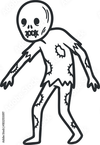 A cartoon zombie character with a skeletal head and tattered clothing in black and white outline style, ideal for Halloween-themed designs
