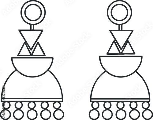 A pair of geometric dangle earrings in minimalist outline vector style, suitable for jewelry design and fashion branding