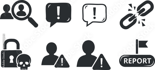 A set of warning and security icons including alerts, locks, and user symbols in black and white flat vector style, suitable for technology and safety projects