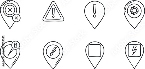 A collection of various markers and icons in minimalist outline vector style, suitable for navigation and alert systems