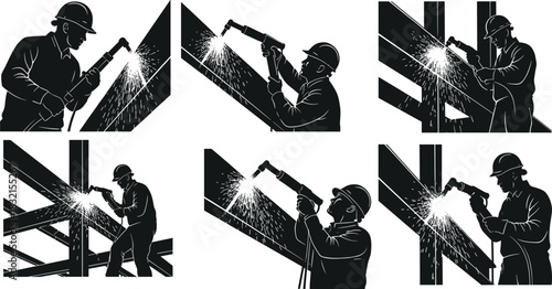 Construction Workers Welding Metal Structures, Black-and-White Industrial Illustrations, Sparks, Helmets, Gloves, Precision, Fabrication, Safety Gear, Torch Technique, Framework Assembly