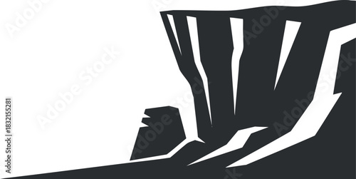 A geometric silhouette of a cliff with sharp edges in black and white vector style, suitable for outdoor adventure themes