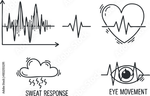 A collection of health response graphs showcasing sweat response, eye movement, heart rate, and physiological data in minimalist vector style, suitable for wellness and medical presentations