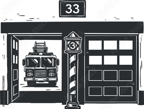 A fire station entrance with a firetruck and number 33 in black and white minimalist vector style, suitable for emergency service designs