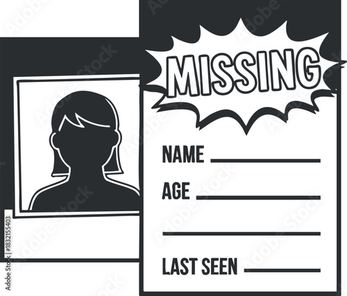 A missing person poster featuring a silhouette and placeholders for name, age, and last seen in black and white vector style, ideal for community awareness campaigns