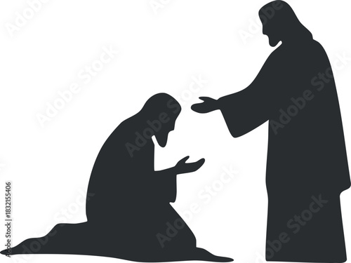 A silhouette illustration of Jesus reaching out to a kneeling figure in a moment of prayer, minimalist vector style, ideal for religious and spiritual themes